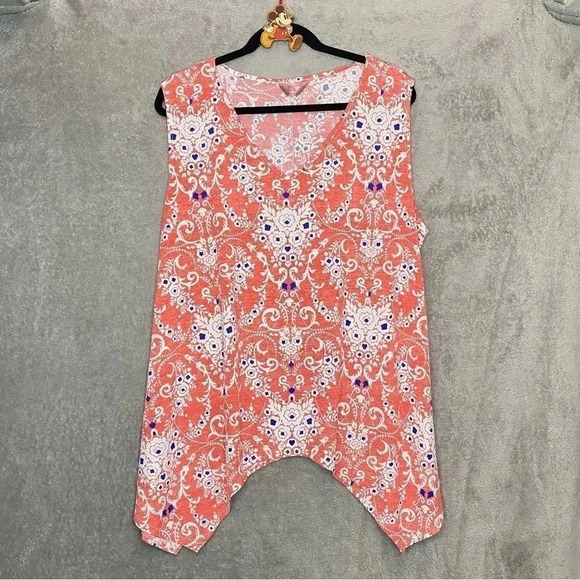 SJS 3X Top Shirt Coral Pink White Paisley Asymmetrical V Neck Sleeveless Stretch - Picture 1 of 6